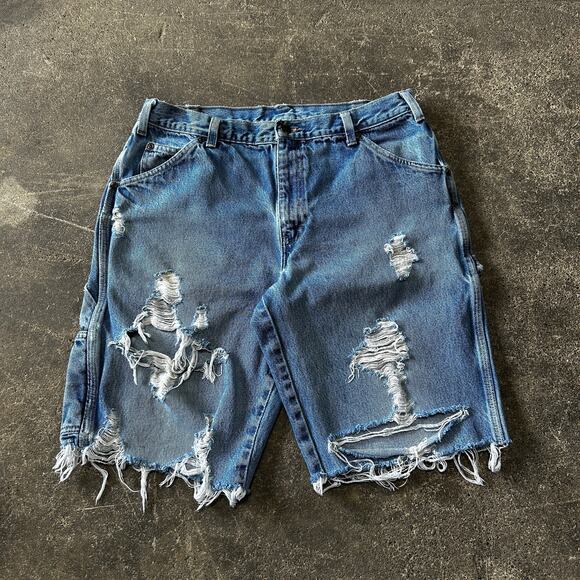 Dickies Cut Off Denim Jean Shorts Size 32 Blue Carpenter Distressed 11" Tag 34